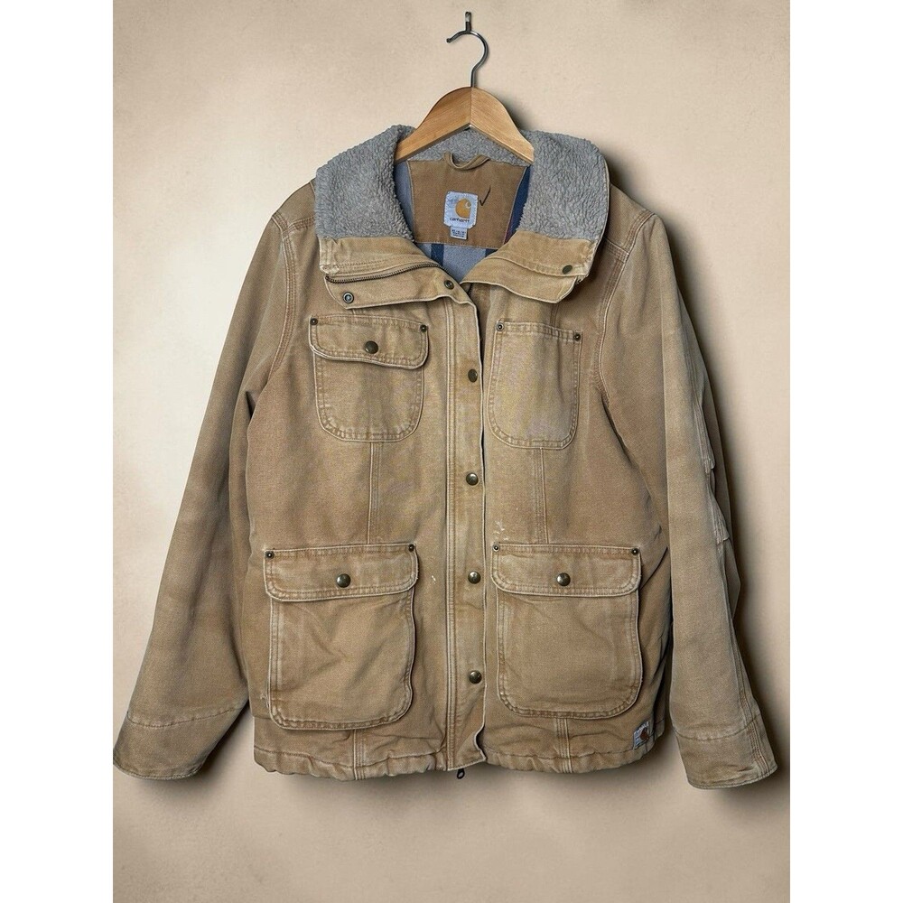 Vtg Carhartt Blanket Lined Chore Barn Coat Size XL Brown Canvas Sherpa Collar